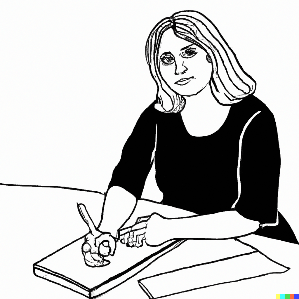 femme auteur assise à son bureau, en train d'écrire un livre